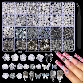 460 Pieces Dreamy Rose Camellia Flower Charms 3D Cute Butterfly Bow Charms for Nails, Pink Black Stamen Supplies for Women Art Design DIY Crafts Jewel Accessories (Black)