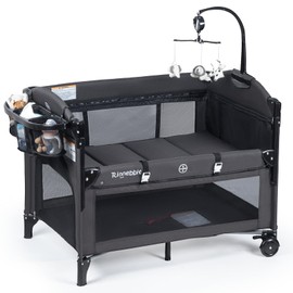 Rinnebbit Baby Bassinets Bedside Sleeper, 4 in 1 Portable Bedside Crib w/Mattress, Diaper Changer, Storage Basket, Music Box, Carry Bag, Foldable Playard Sleeper for Newborn (Black)