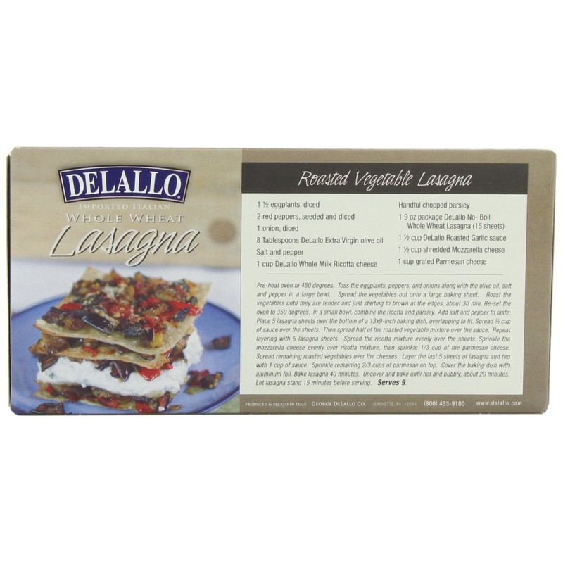DeLallo Organic Whole Wheat Lasagna Noodles, Oven Ready, 9oz Box,