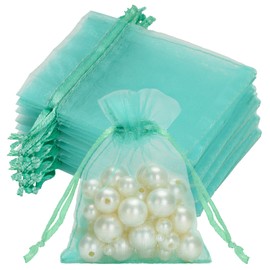 joycraft 50Pcs Aqua Blue Organza Bags – 2.7x3.5 In Sheer Jewelry Drawstring Mesh Pouch, Small Holiday Organza Pouch for Christmas, Thanksgiving, Wedding Favor, Small Business