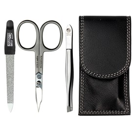 Sonnenschein by Hans Kniebes - Manicure Set 3 Pieces - Nail Scissors, Nail File and Tweezers - Pocket Manicure Nail Care Set - Nappa Sheepskin Manicure Case Black