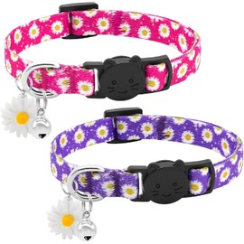 BiPawTi 2x Daisy Cat Collar with Bell & Daisy Charm, Cute Floral Kitten Collar - Soft Cotton Breakaway Cat Collars, Safety Quick Release Buckle Kitty Collars for Cats Kitten - Purple + Pink (2 Pack)