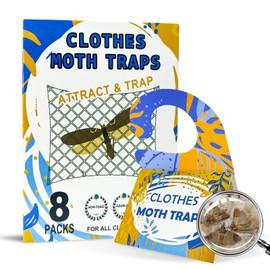 Pestoptek Clothing Moth Trap with Pheromone Attractant 8 Pack, Easy to use Clothes Moth Treatment, Odorless/Non-Toxic Strong Sticky Strips for Closet and Carpet