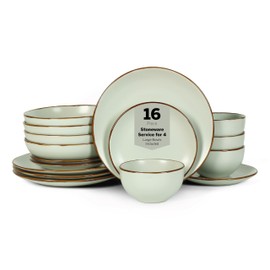 Stone Lain Brasa Stoneware 16 Piece Modern Dinnerware Set, Plates and Bowls, Service for 4, Light Green, Microwave & Dishwasher Safe