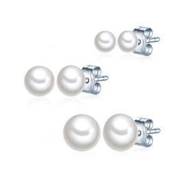 Valero Pearls Women's Stud Earrings 925 Sterling Silver with Freshwater Cultured Pearls Approx. 4.0-6.0 mm Set of 3, 925 silver, freshwater pearl