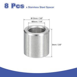 QUARKZMAN Pack of 8 Stainless Steel Spacers 3/8 Inch Outer Diameter x 1/4 Inch Inner Diameter x 3/8 Inch Length (10 x 6 x 9 mm) Screw Spacer Bolts for M3 Screws, Bolts and Rods, Silver