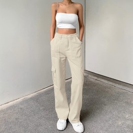 Cargo Pants Women High Waisted Baggy Casual Pants with Pockets Straight Wide Leg Trousers Y2K Pants Apricot
