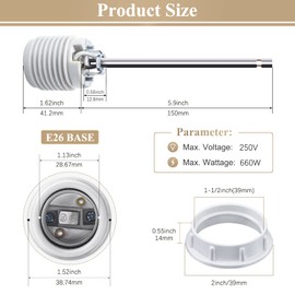 DiCUNO Medium Base E26 Ceramic Light Threaded Socket with White Shade Ring, Screw-in Light Bulb Socket, UL Listed Porcelain Pre-Wired Lead 6 Inches Lamp Holder for Halogen LED Bulb, 2 Packs