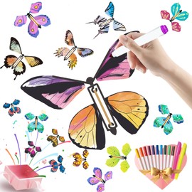 20 Pcs DIY Painting Wind Up Butterfly Toy, Kids Paper Craft Kits, 8 Paper Butterflies & 12 Pens, Make Your Own Magic Butterfly, Surprise Card Insert Rubber Band Butterfly, Parent-Child School Activity