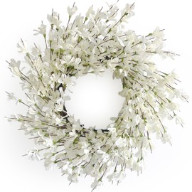 Summer Wreath for Front Door, 24 Inch White Cream Forsythia Summer Spring Wreath Blossom Cluster Flower Farmhouse on Grapevine for Christmas Festival Celebration Front Door Wall Window Hanging Décor
