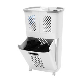 2 Tier Laundry Basket with Wheels & Handle, White Laundry Hamper Plastic 2 Section Laundry Sorter Floor-Standing Hand-Held Laundry Basket Double Hamper Sorter for Bedroom Laundry Room Bathroom