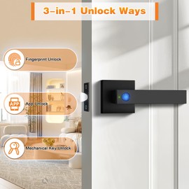 Probrico Fingerprint Door Lock, Biometric Door Knob with Smart Lock, Keyless Entry Door Handle Lock with App, Black Square Electronic Smart Door Lock for Bedroom,Apartment,Office,Front Door