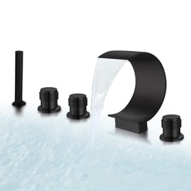 AZOS Waterfall Bathtub Faucet Set with Hand Shower Widespread Roman Tub Faucet Set 5 Hole Tub Filler Faucet Deck Mounted Roman Bathtub Faucet with Sprayer, Matte Black