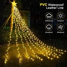 Waterfall Tree Lights, 2m/ 6.56ft x 9 Lines USB Christmas Tree Lights with Topper Star, 198 LEDs Waterproof Fairy Lights with 8 Lighting Modes for Indoor Outdoor Xmas Tree Garden Decor