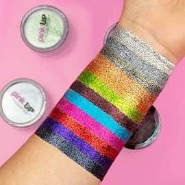 PINK UP  Glitter Compacto Para Ojos  Alta adherencia  Textura extra suave  Finos Brillos Para Usarlo en Ojos Labios y Cuerpo  12 Tonos Vibrantes...   