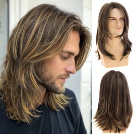 Dsimeig Long Layered Brown Wigs for Men Synthetic Heat Resistant Halloween Cosplay Hair Wig,Highlight Brown
