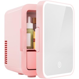 EUHOMY Mini Fridge, 5L AC/DC Small Refrigerator with Dimmable LED Mirror, Portable Cooler and Warmer for Skin Care, Cosmetics, Beverage, 5L Makeup Mini Skincare Fridge for Bedroom, Car, Office, Pink