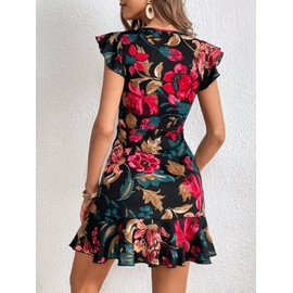Floerns Women's V Back Inslace Layered Ruffle Hem Flutter Sleeve Dress Black Flower M