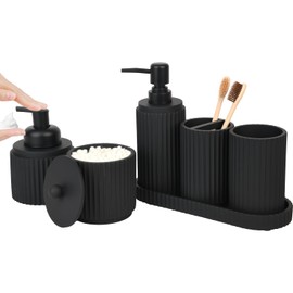 Black Bathroom Accessories Set 6 Pcs - Toothbrush Holder,Lotion Soap Dispenser,Foaming Soap Dispenser,Qtip Holder Dispensers,Vanity Tray,Bathroom Tumbler - Countertop Organizer-Bathroom Accessory Set