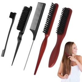 Slick Back Brush Set - 5Pcs Boar Bristle Hair Brushes with Comb & Eyebrow Brush, Anti-Static Slick Back Hair Brush Kit for Men & Women, Styling Hair Brush for All Hair Types& Smoothing