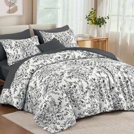 WONGS BEDDING Comforter Set Queen, 8 Pieces Black Gray Floral Botanical Plants Print Comforter, Soft Fluffy Microfiber Complete Bed in a Bag Bedding Sets for All Season (90"x90")