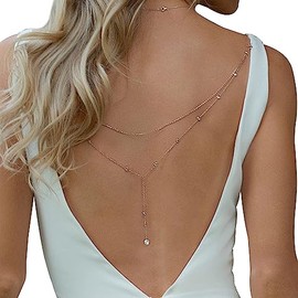 DarBudMay Wedding Multi-layered Rhinestone Back Chain Necklace Layered Bridal Crystal Back Chain Jewelry Festival Rave Rhinestone Backdrop Jewelry Dress Shoulder Body Chain Jewelry for Women, Alloy,