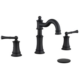NAUKWAN Bathroom Sink Faucet, Matte Black Roman Stlye Rotated Spout Vanity Basin Faucets 3 Holes 2 Handles 8 inches Widespread Deck Mount Brass Faucet for Sink with Overflow Pop Up Drain NL2204-BK