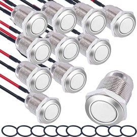 RUNCCI-YUN 10 Pieces 12 mm Momentary Push Button Switch Waterproof Push Button Switch Round Momentary Switch with Pre wiring,DIY Stainless Steel Normally Open Metal Push Start Button (Flat Head)