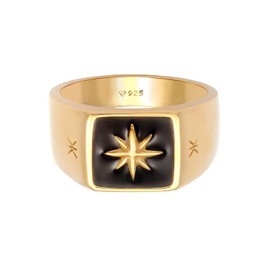 Kuzzoi 0606182620 Men's Signet Ring, Solid 11 mm Wide in 925 Sterling Silver Gold-Plated, Golden Surface with Black Enamel and Star Design, Gold Ring for Men in Ring Size 54 - 66, Sterling Silver