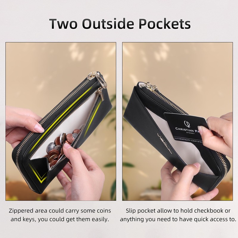 VISOUL Genuine Leather Long Wallet L017, Black and light grey