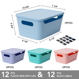 Tiawudi 12 Pack 4.5L Storage Bins with Lids, Plastic Storage Baskets for Home Classroom Organization, Multi-Use Organizer Bins for Cabinet, Pantry, Drawer, Countertop or Shelves, Colorful Containers