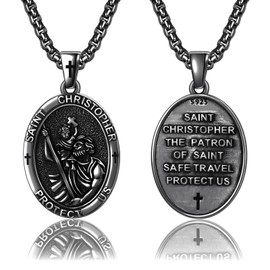QCFL Saint St Christopher Necklace Black Mens Sterling Silver Oval Medalla De San Cristobal De Plata Pendant Medal Protection Jewelry Catholicism Christian Religious Gifts For Men Husband Son