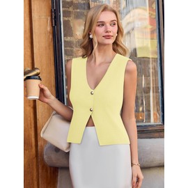 Vest for Women Trendy 2025 Summer V Neck Button Up Knit Tops Cropped Sleeveless Cardigan Sweaters Yellow