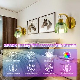 Qgiytp Vintage Gold Battery Operated Wall Sconce Set of 2 with Green Tulip Glass Lampshade Dimmable Wireless Rechargeable Battery Powered Wall Light with Remote Control for Bedside Bedroom Doorway