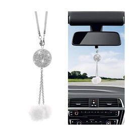 Sandfren Bling Car Hanging Ornament for Rearview Mirror, Crystal Rhinestones Fuzzy Plush Ball Vehicle Mirror Hanging Charm, Diamond Auto Interior Rear View Decor Pendant, Universal Fit (White)