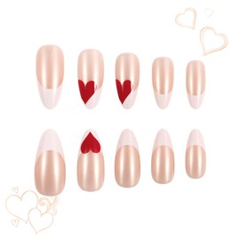 Valentines Press on Nails Almond Fake Nails French Tip False Nails Red Heart Artificial Nails White Nail Tip Glossy Acrylic Nails Valentine’s Day Stick on Nails Cute Glue on Nails for Women Girls