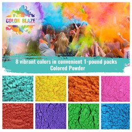 Color Blaze Holi Colored Powder - 1 lb of Each Color - Pink, Red, Orange, Yellow, Green, Teal, Blue, Purple - for Fun Runs, Toss, Rangoli, Color War, Party & Festivals - Total Pack of 8 Pounds