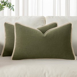 ANRODUO Pack of 2 Decorative Line Soild Throw Pillow Covers Clasic Flange Border Cushion Covers Lumbar Boho Farmhouse Neutral Pillowcase for Couch Sofa Bed Living Room Decor 12x20 Inch Olive Green