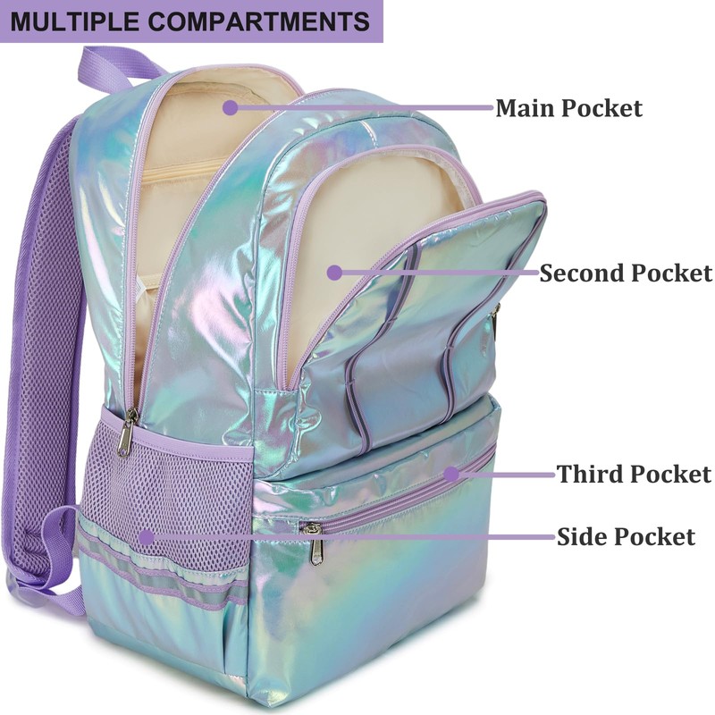 JIANYA Backpack for Girls Iridescent School Backpack Set