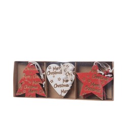 Kaemingk Shaped RED, WHITE and GOLD Mix Wooden Christmas Tree Decorations - Boxed set of 9 - STAR, FIR TREE, HEART Design - 7cm
