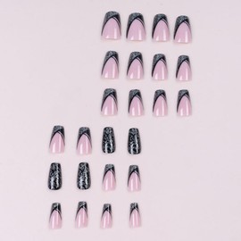 French Tip Press on Nails Medium Square Fake Nails Silver Glitter Glue on Nails Glossy Coffin Acrylic Nails Black Line Stick on nails Full Cover Pink False Nails for Women Girls Manicure 24Pcs…