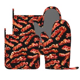 Novelty Bacon Food Oven Mitts and Pot Holders Sets, 4pcs Silicone Non-Slip Kitchen Mitts Potholders Heat Resistant BBQ Gloves Hot Pads for Cooking Grilling Baking Microwave Chef Gifts Decor