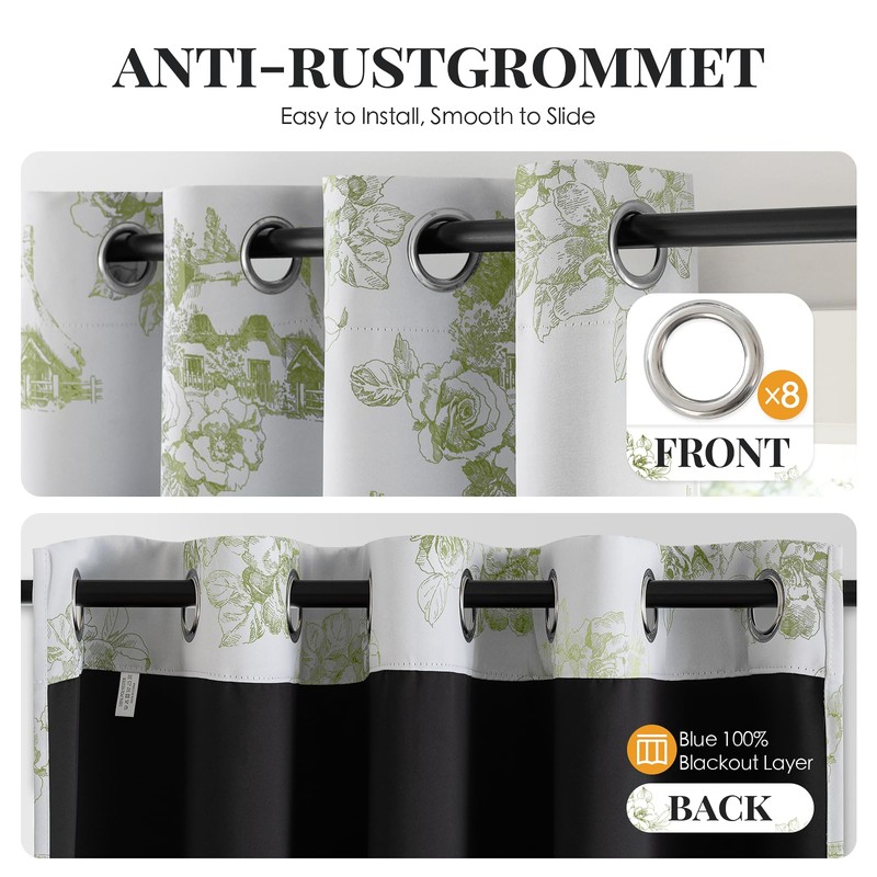 Green Vintage Floral Blackout Curtains Farmhouse Grommet 52x54 Inch