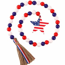 4th July Wood Bead Garland with Tassels USA Flag Star Patriotic Veterans Farmhouse Wall Hanging Prayer Decor