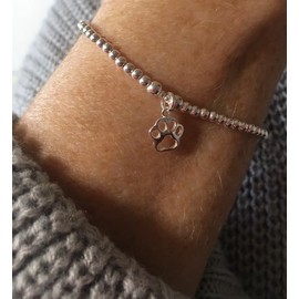 Sterling Silver 925 Beaded Stretch Paw Print Bracelet