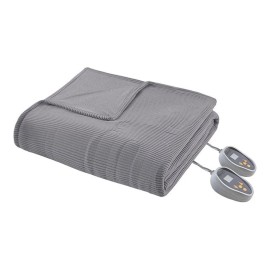 Pemberly Row Polyester Knitted Micro Fleece Solid Textured Heated Blanket - Gray