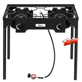 STERXONE Best Outdoor Stove with Stand, Portable High Pressure Propane Gas Cooker Iron Cast Patio Burner w/Removable Thicken Metal Legs for Camp Cooking (Double Burner 150000-BTU)