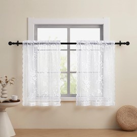 Cortinas de encaje blanco para cafetería de 24 pulgadas de largo, juego de 2 paneles - Cortinas de cocina florales campestres transparentes con bolsillo para barra, cortinas cortas para filtrar la luz
