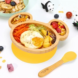 Vinsani Mouse Bamboo Plate and Spoon Set for Baby/Toddler, Mouse-Shaped Suction Plate, Stay-Put Design, Hypoallergenic and BPA-Free (Yellow)