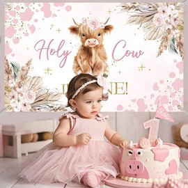 Mocsicka Holy Cow I'm One 1st Birthday Backdrop Boho Pink Flower Highland Cow 1st Birthday Party Decorations Holy Cow I'm One Banner Large 70.8 x 43.3 Inch